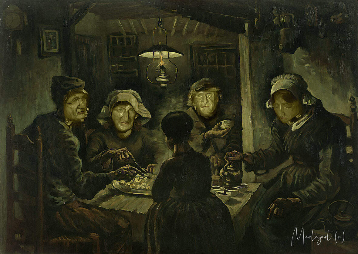 Schilderij aardappeleters met Rosmalens hoofden.