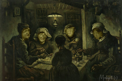 Schilderij aardappeleters met Rosmalens hoofden.