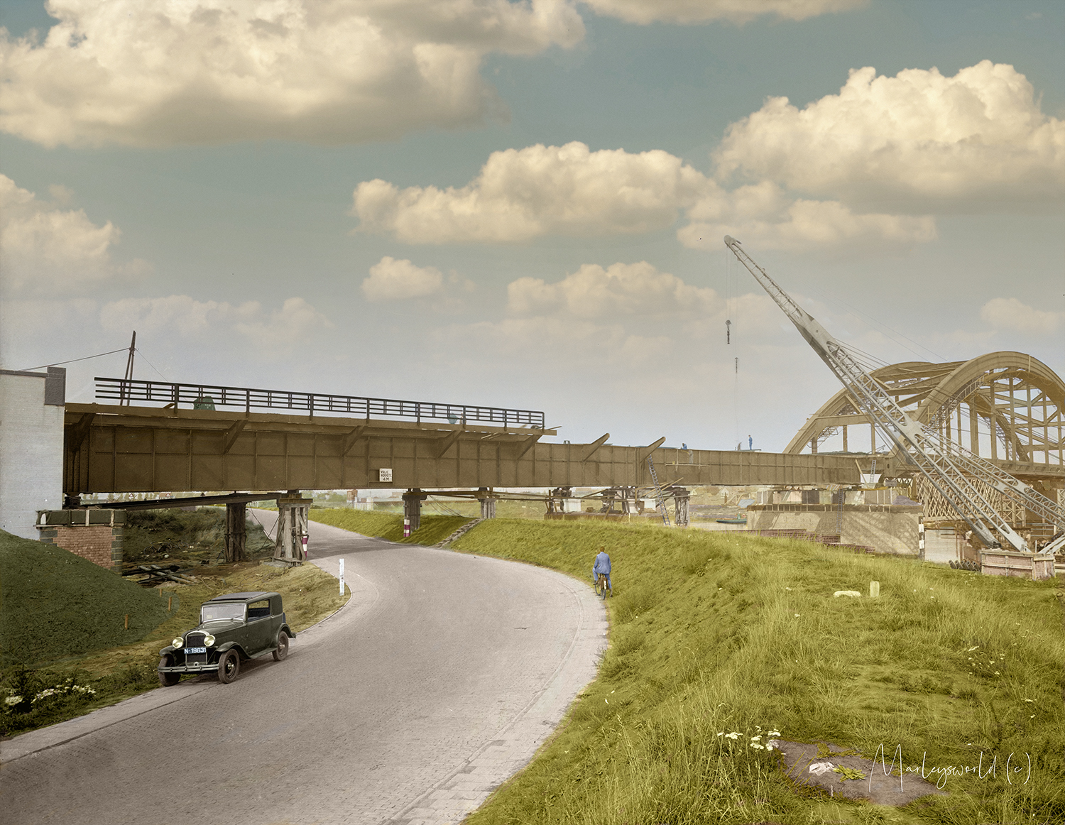 Colorized photo from negative Hedelse bridge 1937